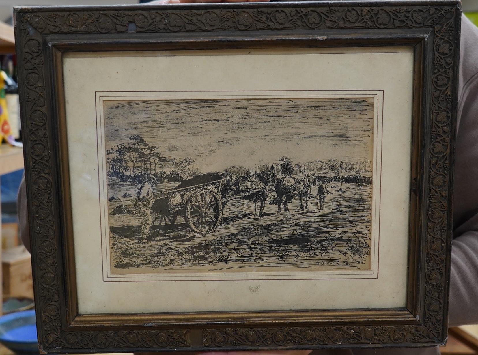 Berenger Benger (1868-1935), pen and ink, Carters in a landscape, signed and dated '08, 15 x 22cm. Condition - fair